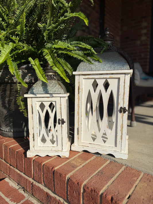 White Open Lanterns with Metal Top - Set of Two