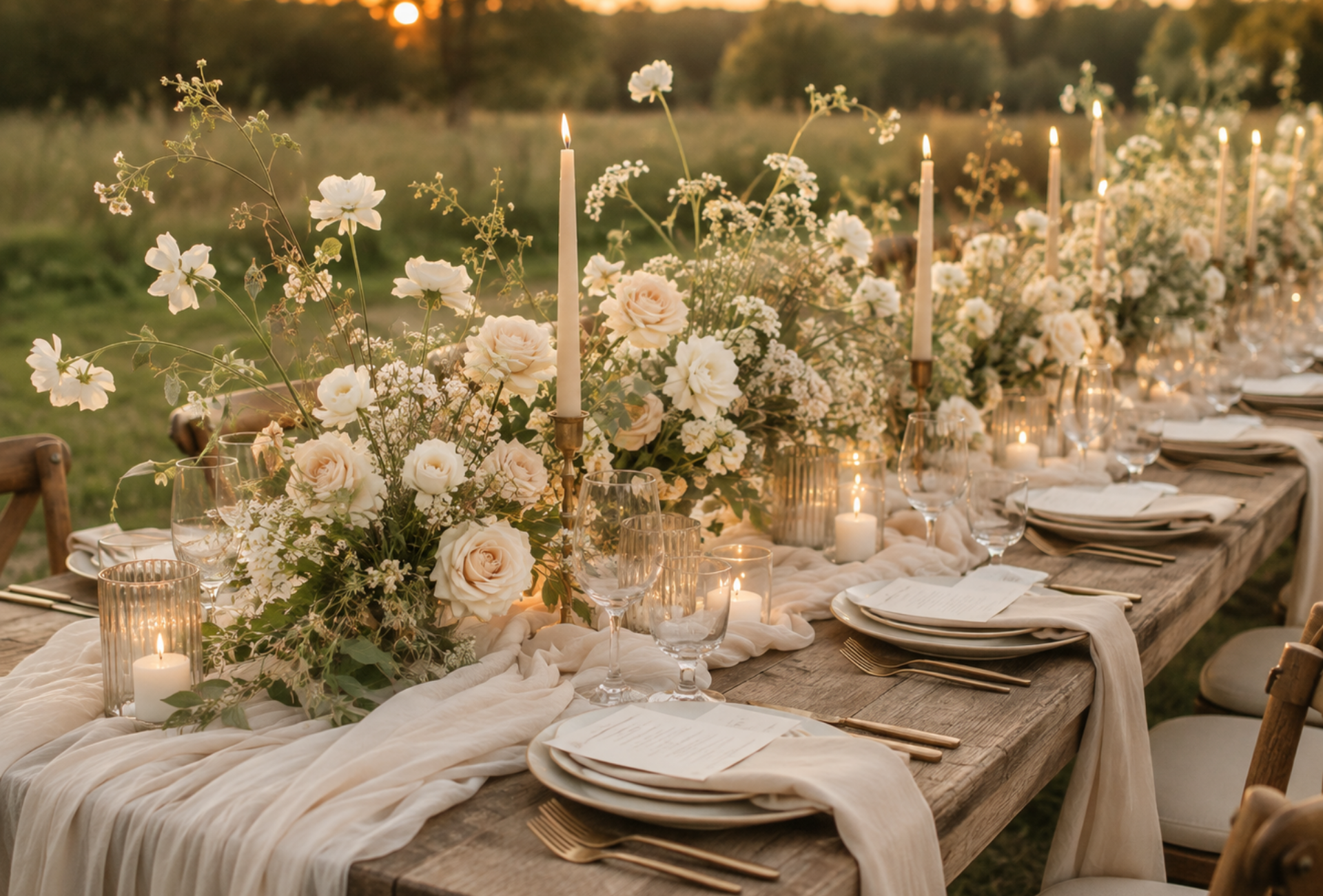 A rustic outdoor wedding table setting at sunset, featuring long floral centerpieces with white and blush roses, tall white taper candles, glass candle holders, clear wine glasses, and white plates with gold cutlery draped in cream fabric.
