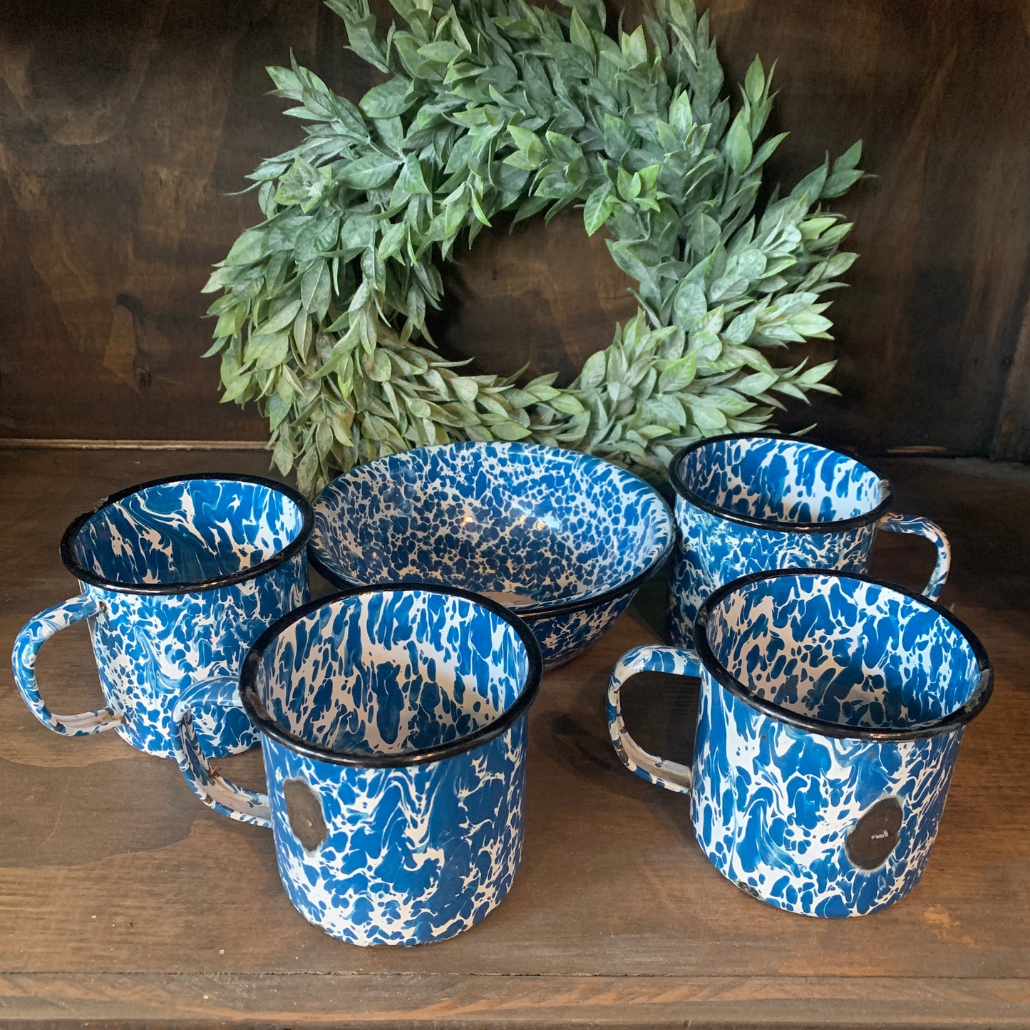 Blue Splatterware  - 1 bowl & 4 cups