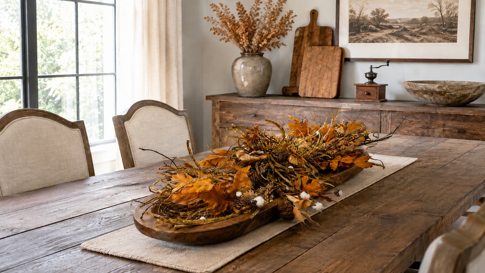 A rustic wooden dining table set with a fall-themed centerpiece in rustic dough bowl