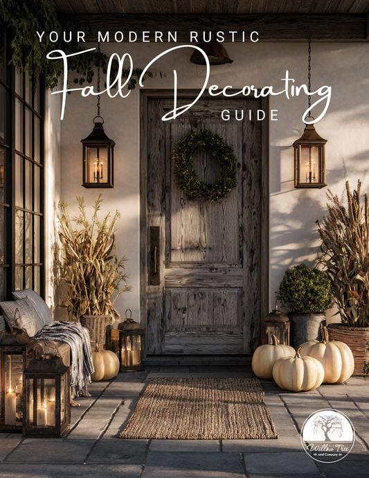 Cover of 'Your Modern Rustic Fall Decorating Guide' with a rustic door and autumn decorations.