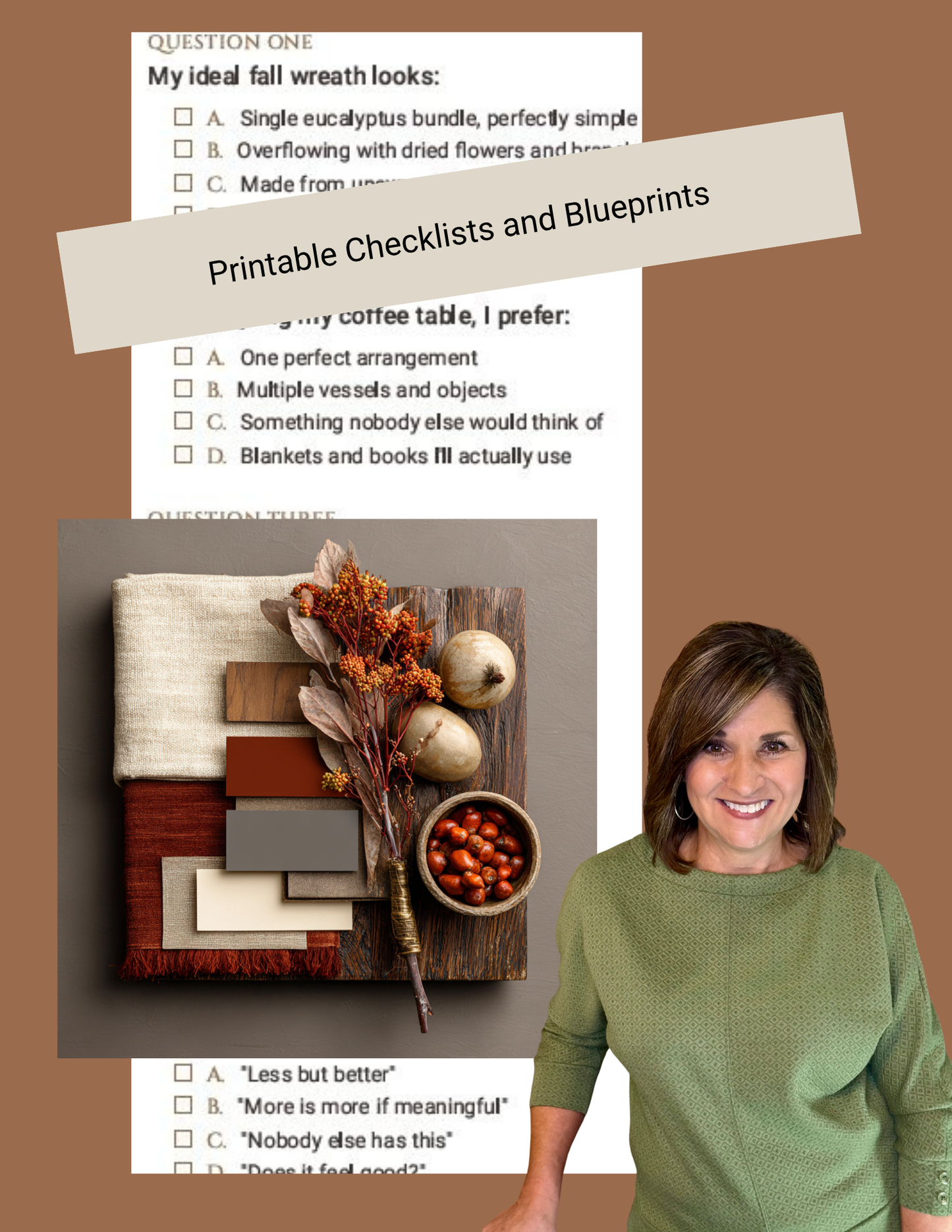 Excert of fall decorating guide with collage of a woman, a coffee table display, and checklists on a brown background