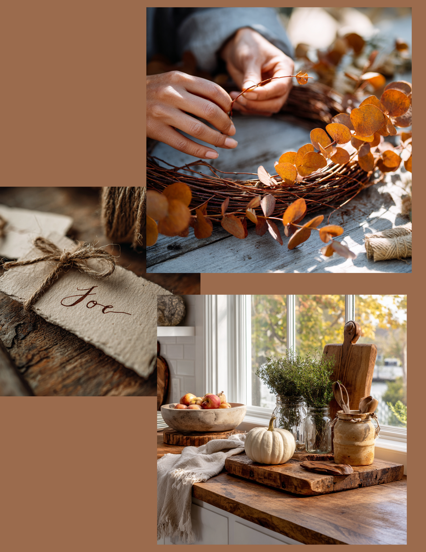 Fall decorating collage of autumn-themed images including a wreath, gift with  card, and kitchen scene.