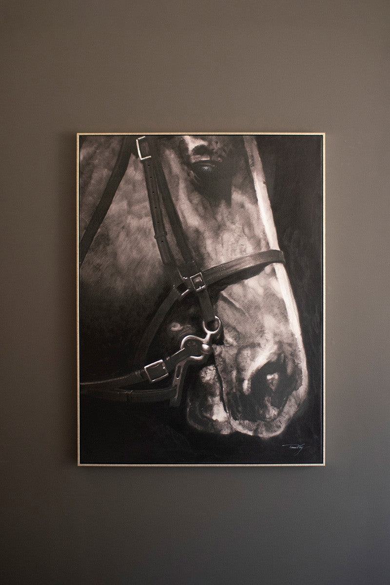 Framed Oil Painting Black & White Side View Horse