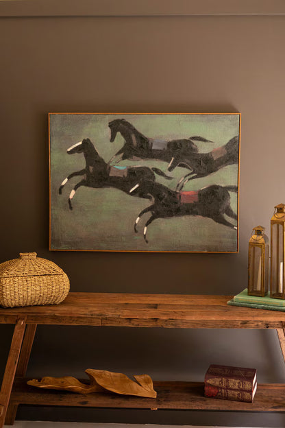 Framed Four Runaway Race Horses Painting