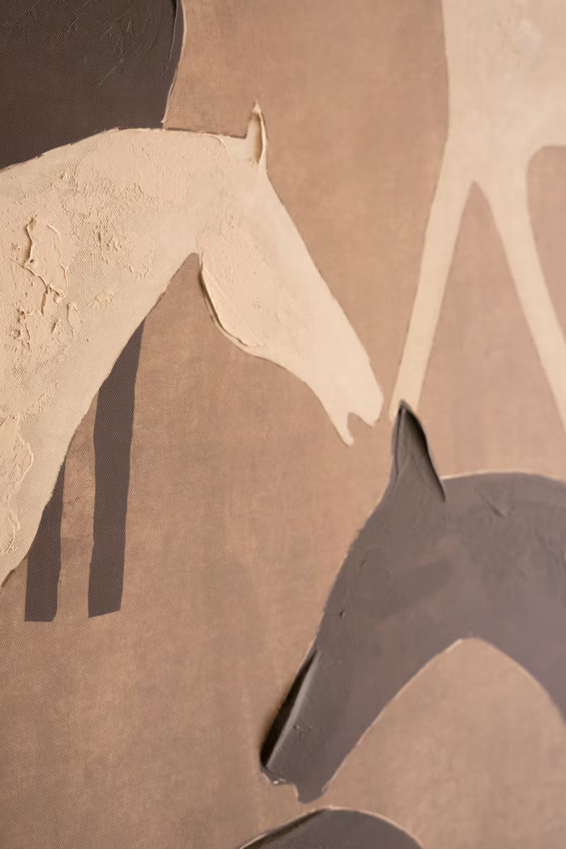 Framed Abstract Painting of five horses with brown and beige tones