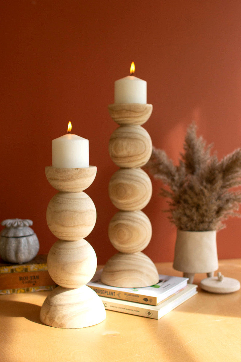 Hand Carved Wooden Stacked Ball Candle Holders - Set Of 2