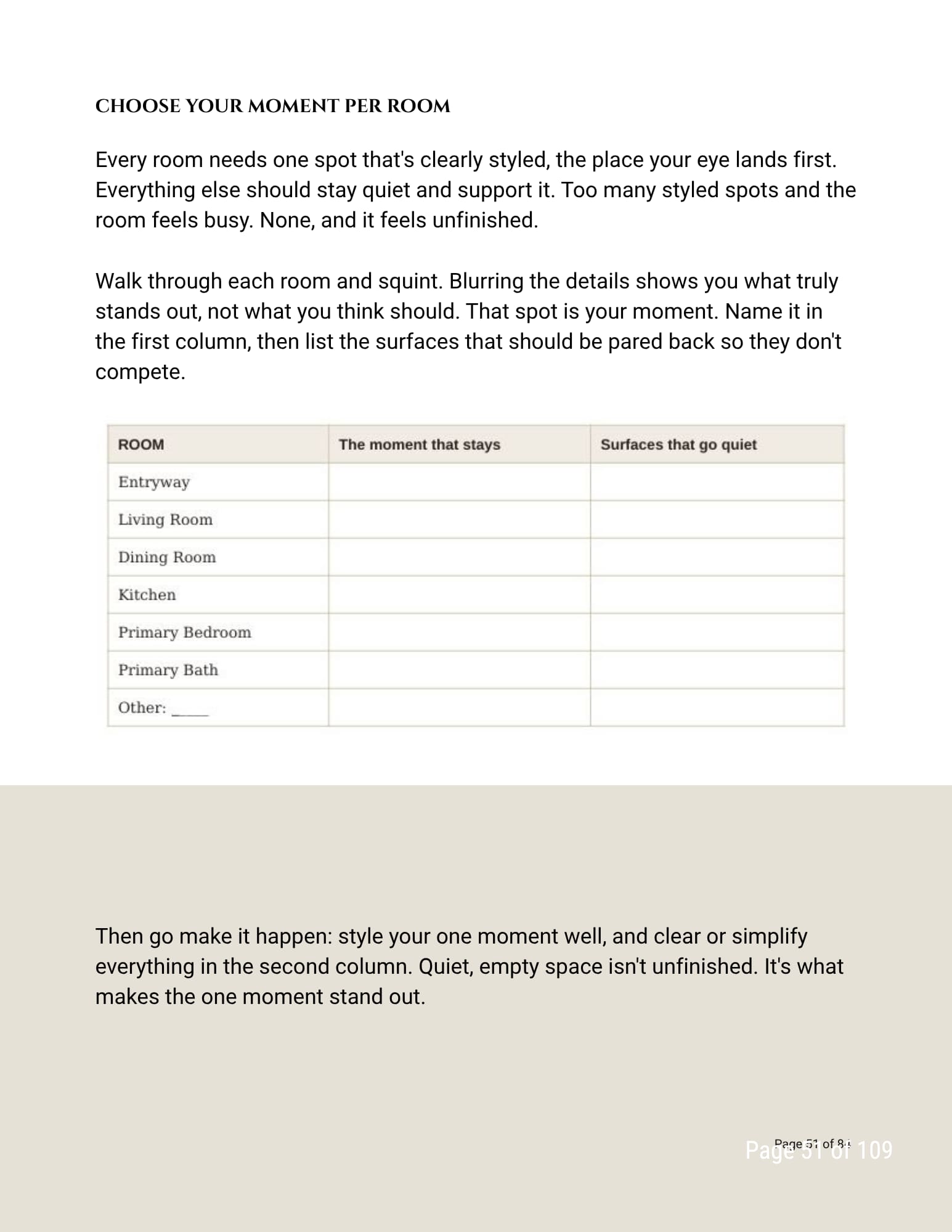 A printed interior design guide page with text about choosing a styled room by Willow Tree and Company