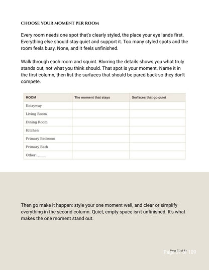 A printed interior design guide page with text about choosing a styled room by Willow Tree and Company