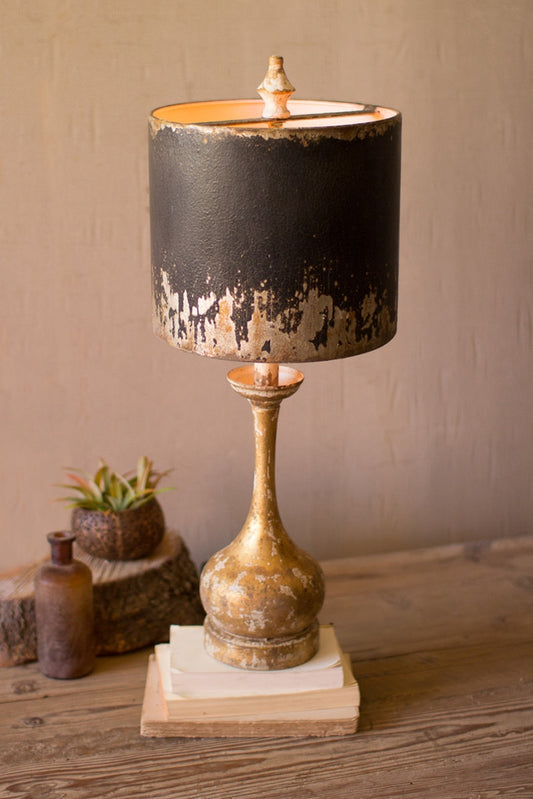 Lamp with Round Wooden Base and Black and Gold Metal Shade