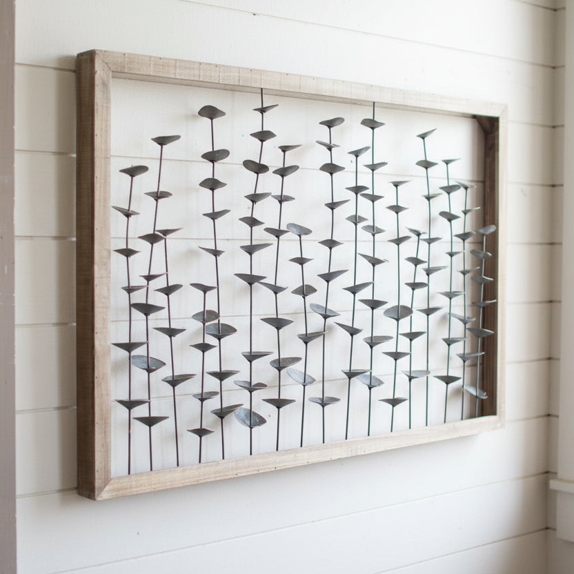 Wood Framed Metal Leaves Wall Hanging