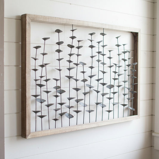 Wood Framed Metal Leaves Wall Hanging