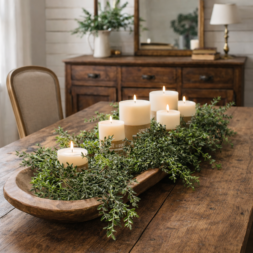 Modern_Rustic_Dough_Bowl_with_LED_Candles_and_Boxwood_Greenery -Decorative table setting with candles and greenery on a wooden table.