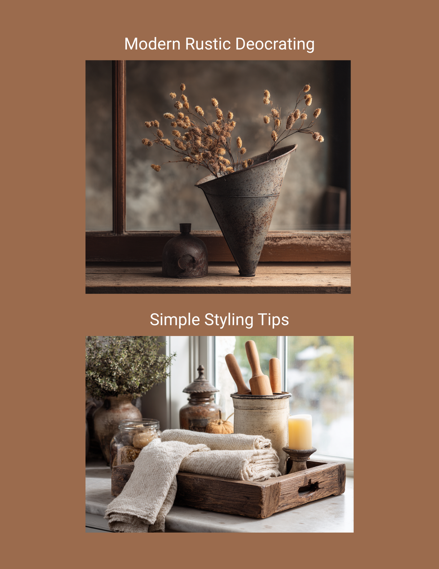 Fall Decorating Book cover with rustic decor images and text 'Modern Rustic Decorating Simple Styling Tips'.