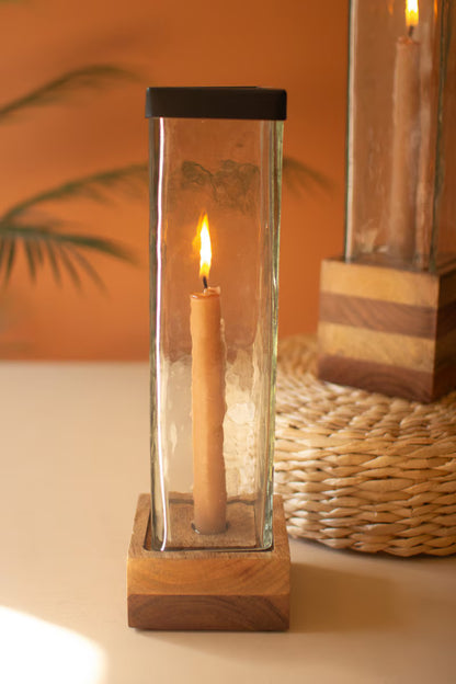 Pair of Square Glass on Wood Taper Candle Holders