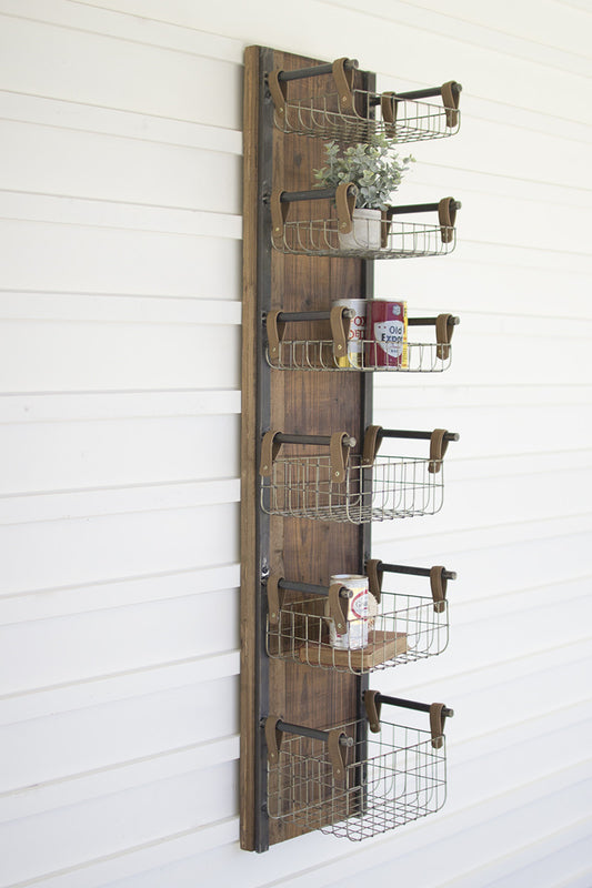 Recycled Wood & Metal Wall Rack W 6 Wire Storage Baskets