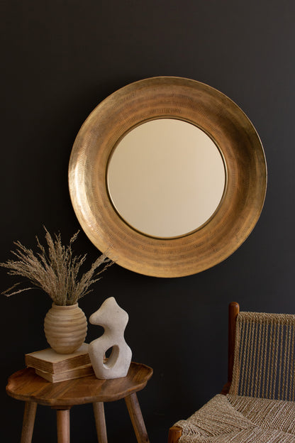 Round Hand-Hammered Antique Brass Framed Mirror