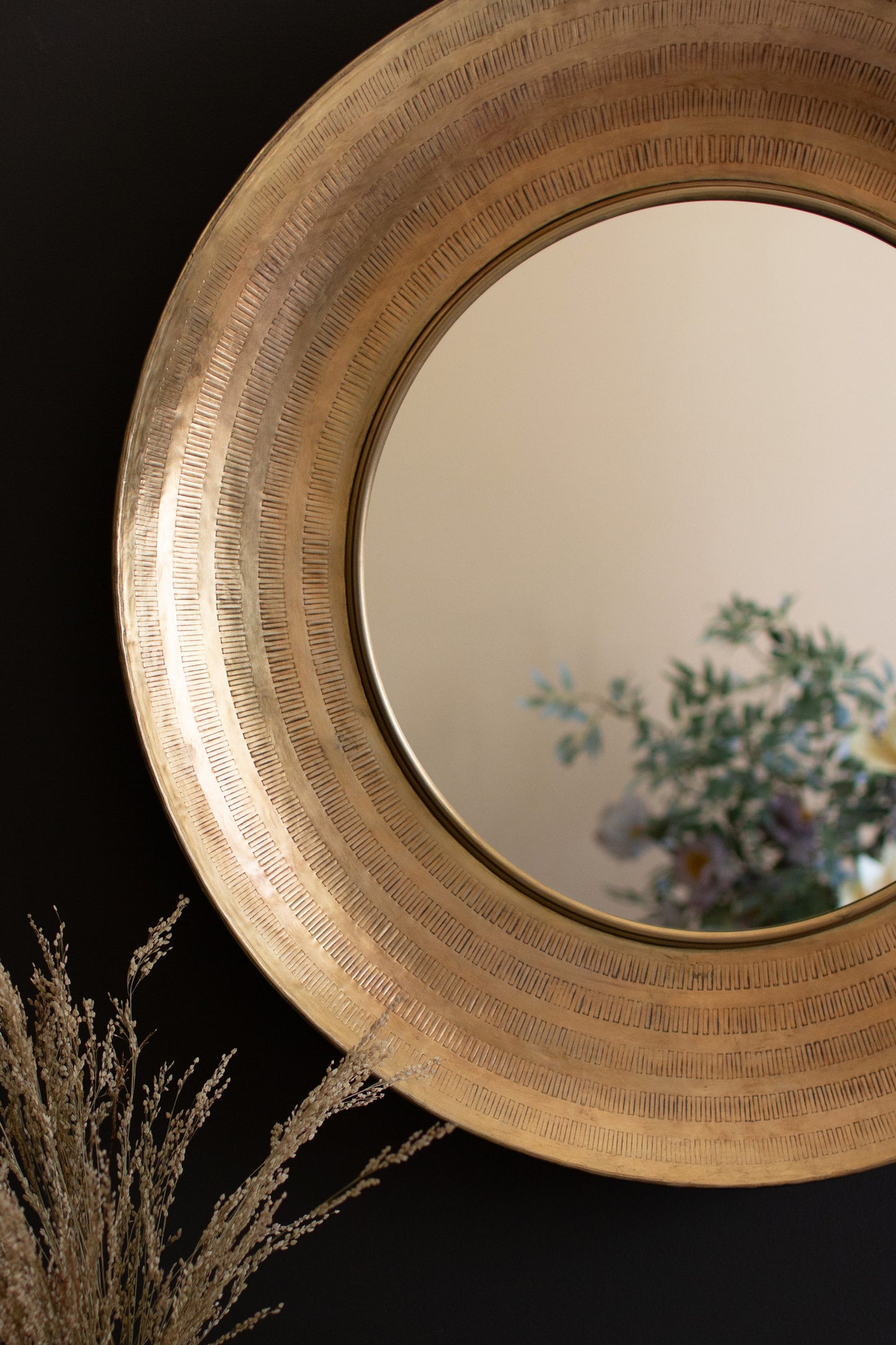 Round Hand-Hammered Antique Brass Framed Mirror