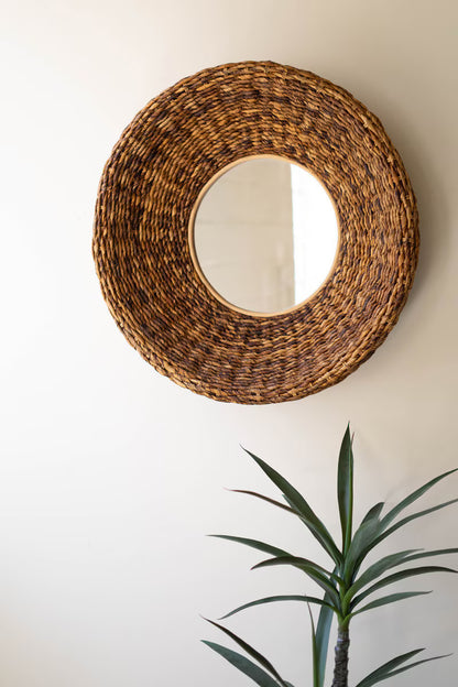Round Banana Fiber Framed Mirror 