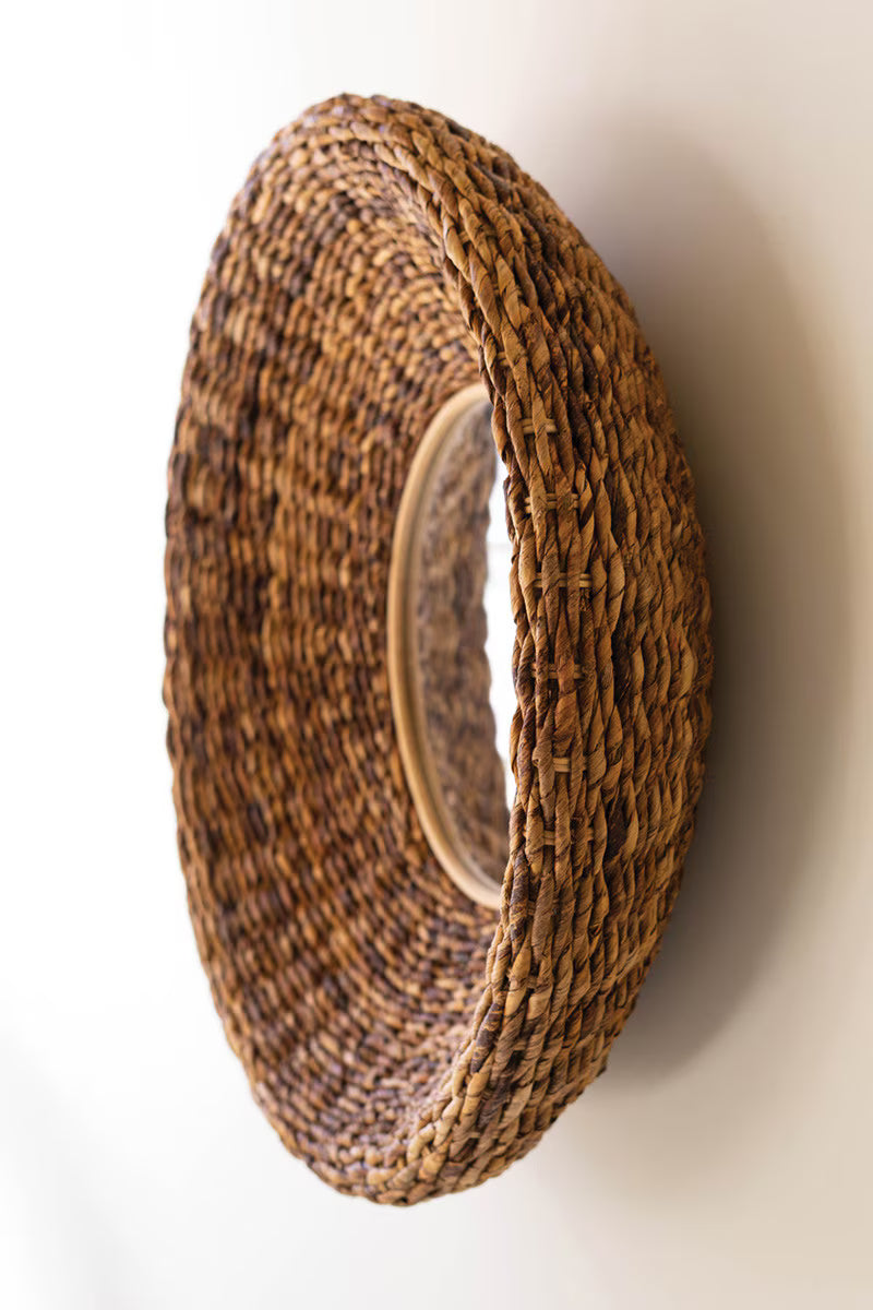 Round Woven Framed Mirror on a white background