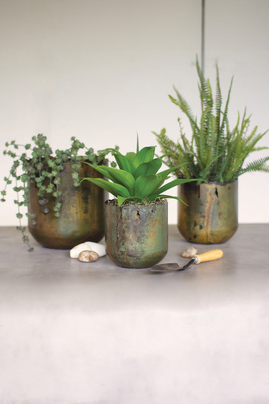 Rustic Verdigris Iron Planters - Set Of 3