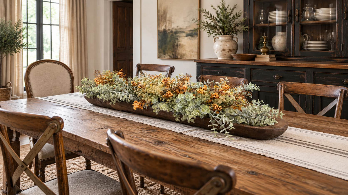 A rustic wooden dining table in a farmhouse-style dining room.