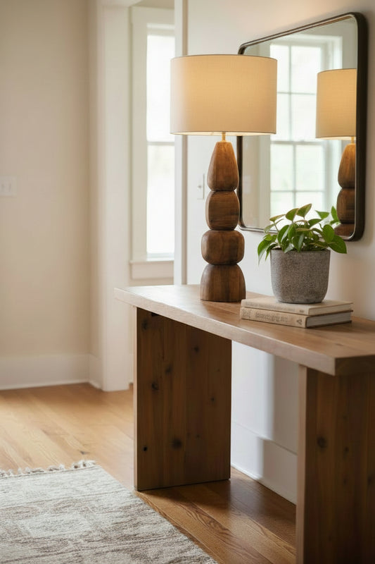 Wooden table lamp with a white shade on a woven surface against a red wall.