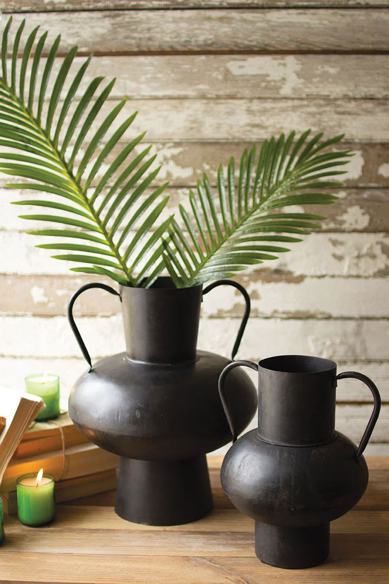 Waxed Black Metal Urns With Handles - Set of 2