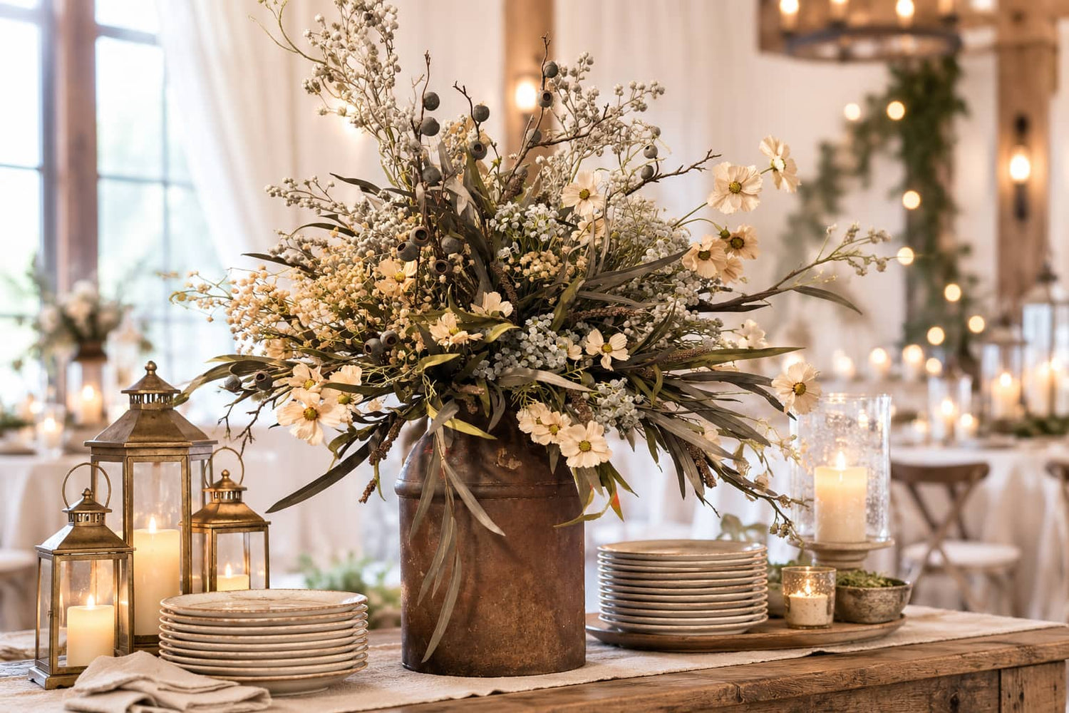 A rustic floral centerpiece in a distressed metal bucket vase, styled on a wooden table with white plates, lanterns, and candles in a softly lit event venue.