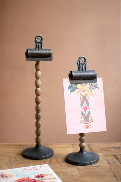 Set of 2 Metal Clips with Wooden Beaded Stems with metal base