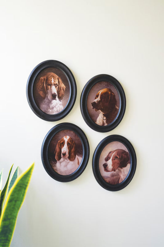 Set of 4 Framed Oval  Hound Prints under Glass
