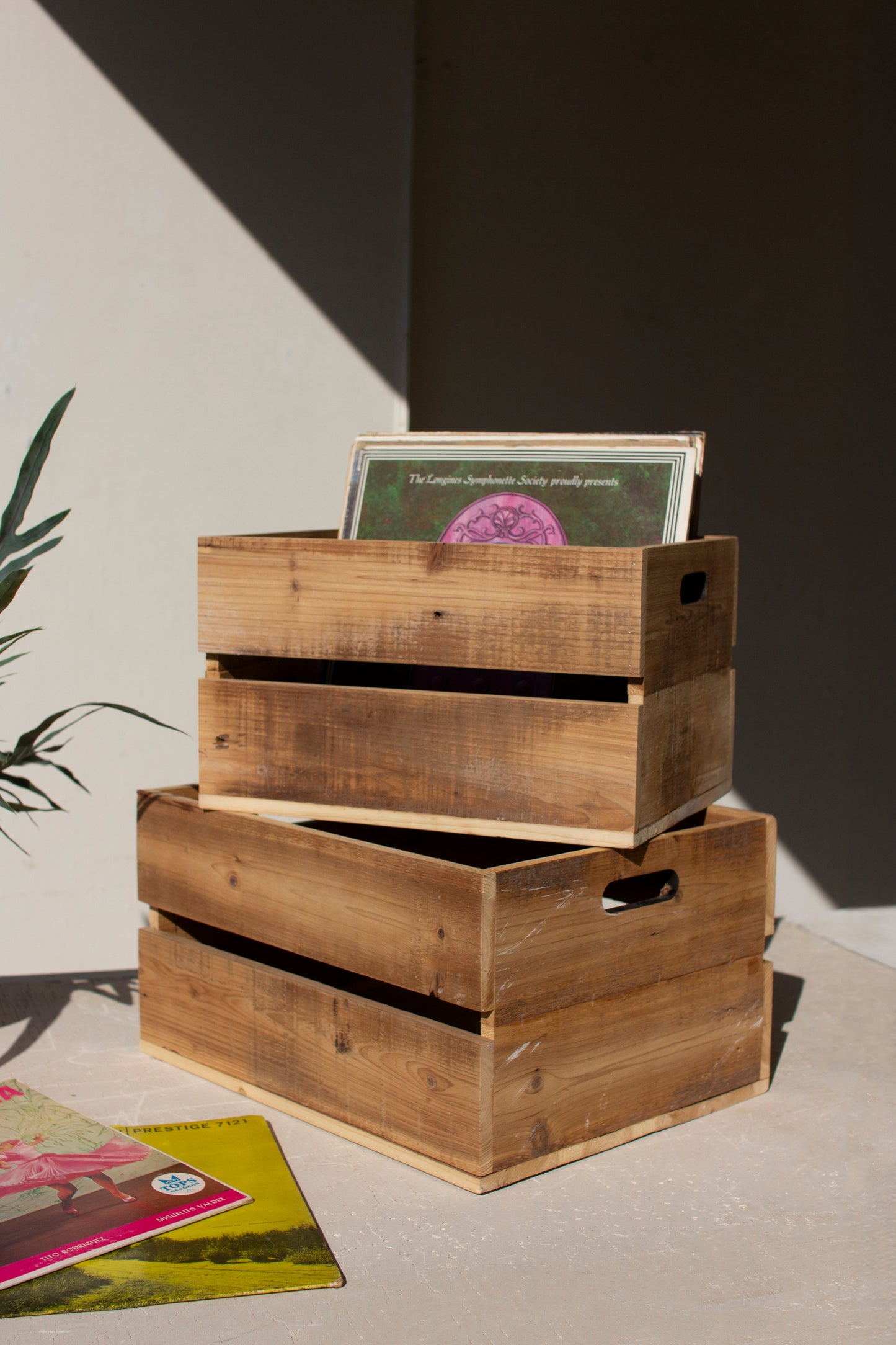 Natural Finish Slatted Wooden Crate - Set of 2