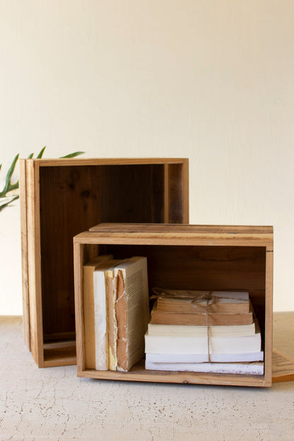 Natural Finish Slatted Wooden Crate - Set of 2