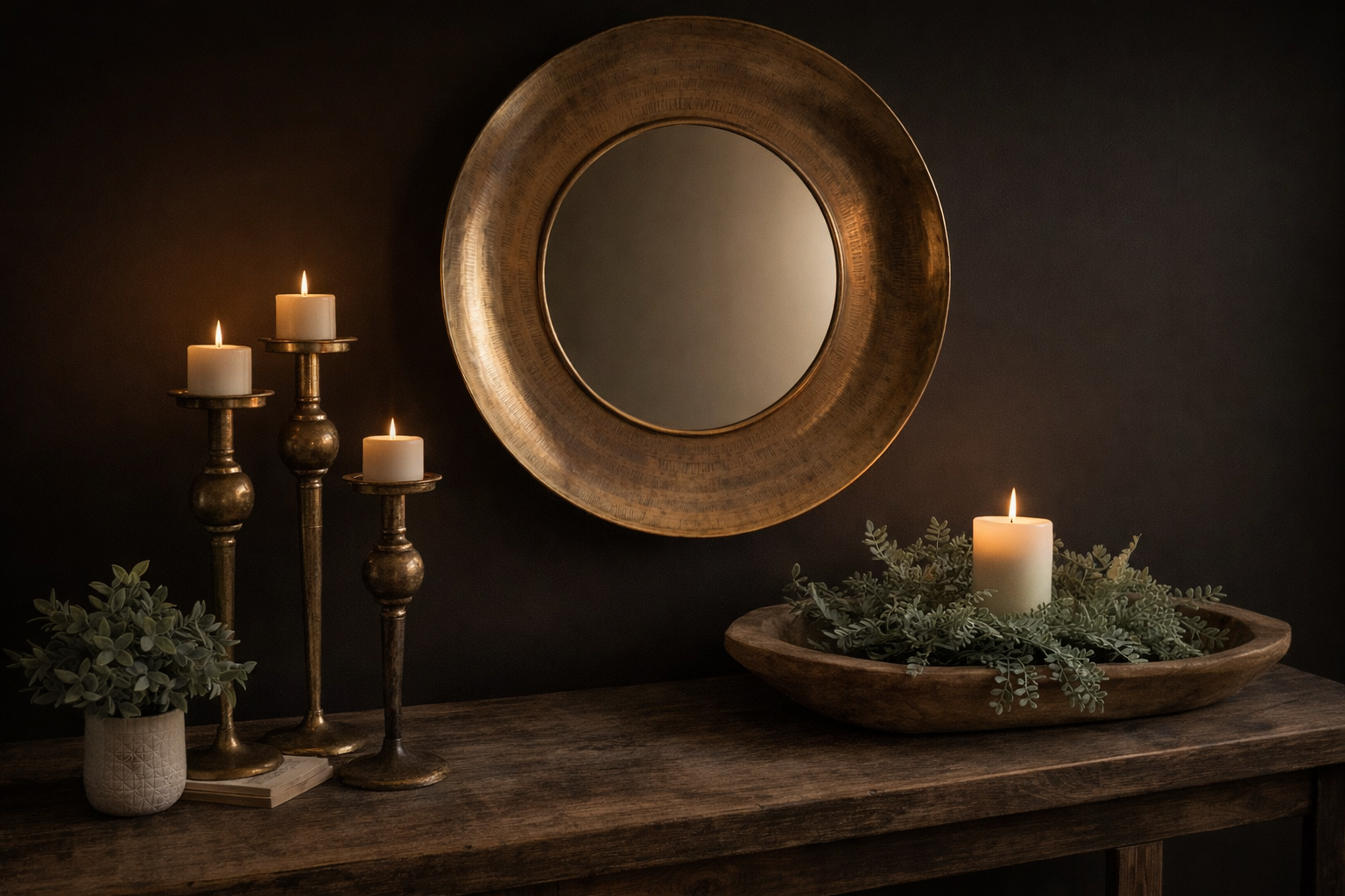 Shop_the_Look_-_Home_Decor_-_Modern_Rustic_with_Vintage_Vibe - Decorative setup with a round mirror, candles, and greenery on a wooden surface against a dark background.