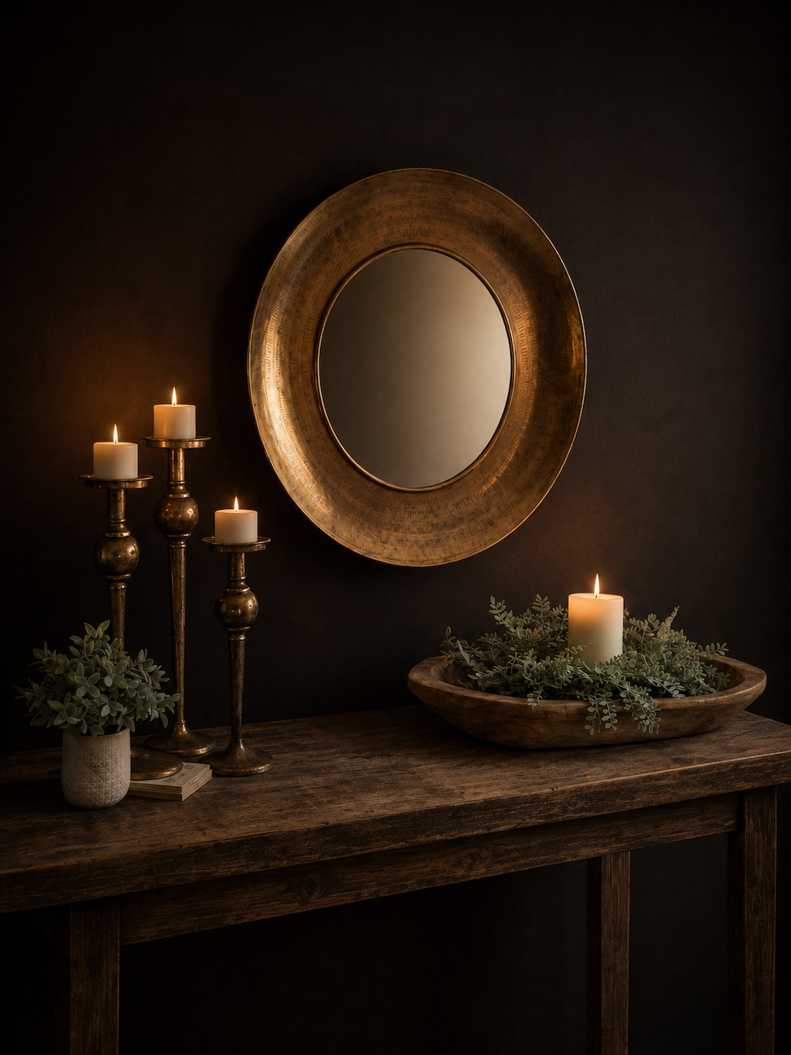 Modern rustic entryway with gold with a round mirror, candles, and greenery on a wooden table against a dark background.