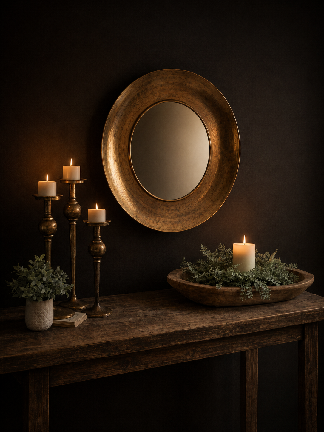 Round antique brass framed mirror styled with brass candle stands, wood dough bowl, and dusty green candle ring on console table