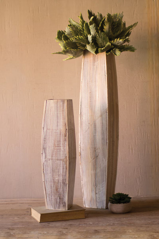 White-Washed Tall Rustic Wood Vases - Set of Two