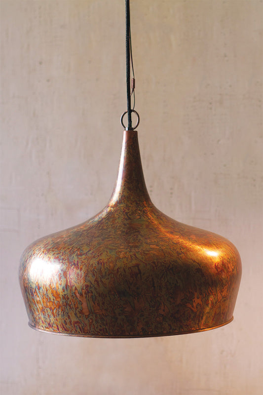 A bronze tear-drop pendant light with a rustic finish hanging against a neutral background.