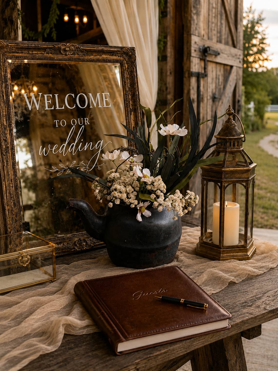 Rustic wedding decor setup on a wooden table with a leather guest book, black teapot holding white flowers, a framed 'Welcome to our wedding' sign, and a brass lantern candle holder.