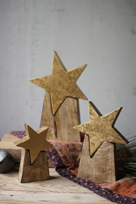 Wooden Star on Base - Set of 3