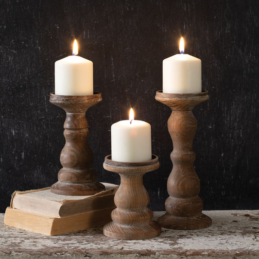 Wooden Pillar Candle Holders - Set of 3