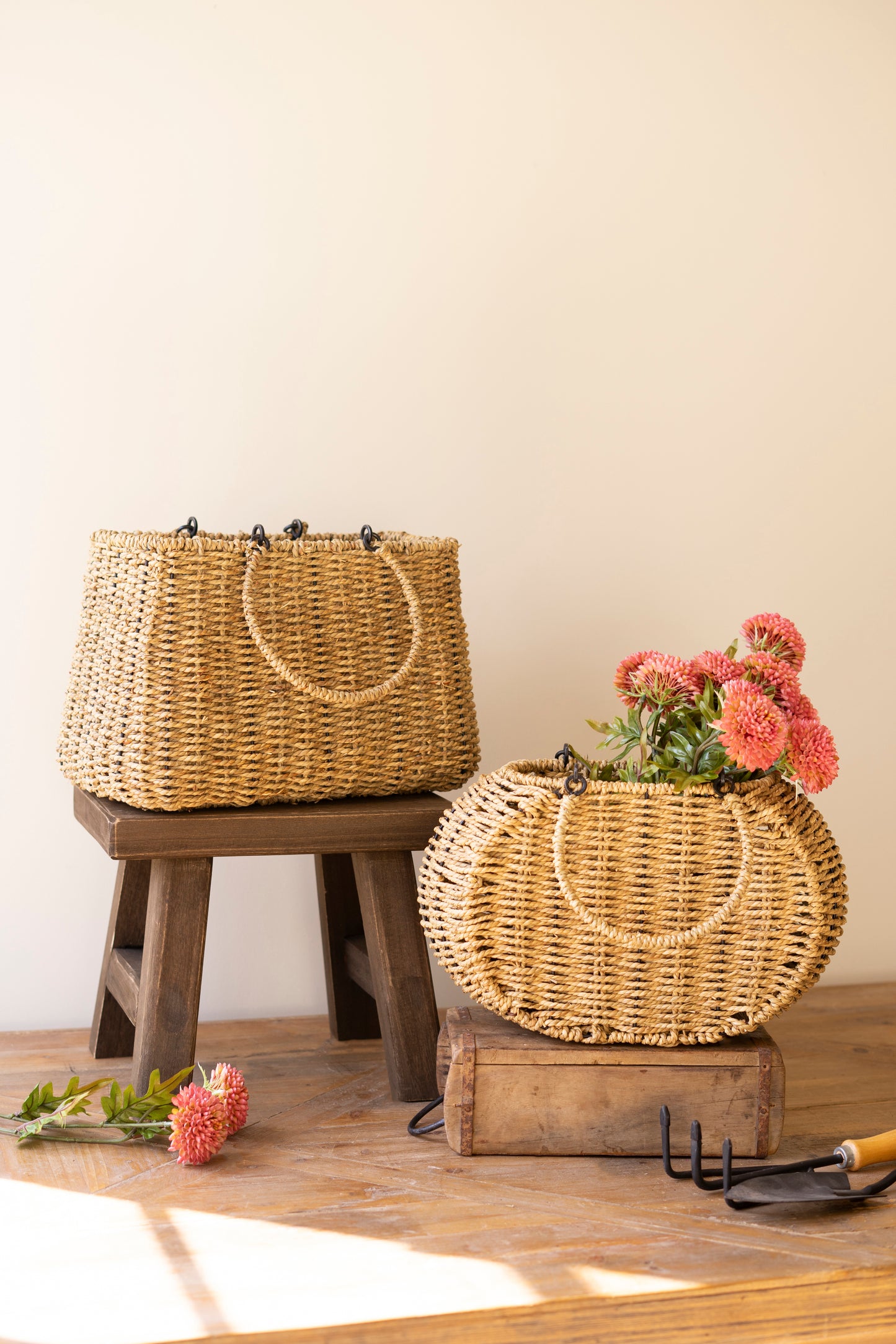 Woven Vine Baskets with Hinged Handles- Set of 2