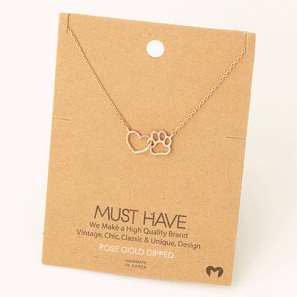 Dog Paw Heart Cutout Pendant Necklace: Gold
