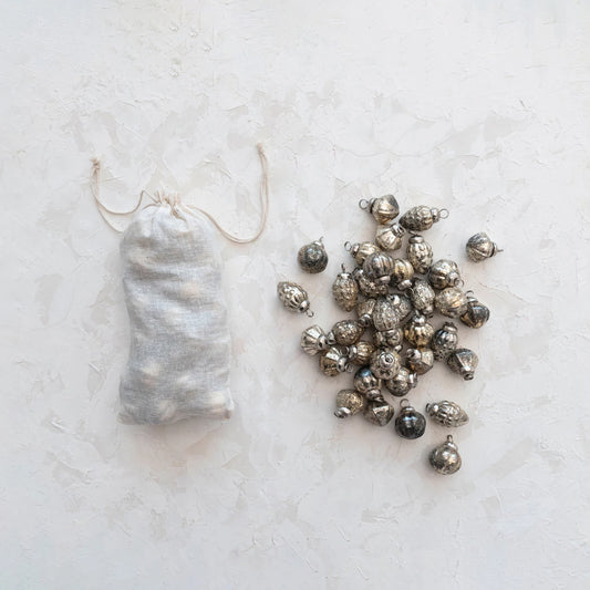 Mercury Glass Ornaments in Muslin Bag, Antique Silver Finish, Set of 36