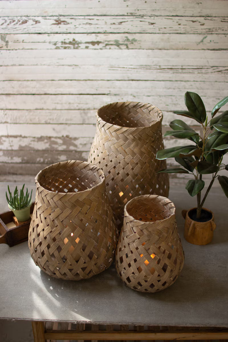 bamboo wicker lanterns - set of 3 - rustic home decor