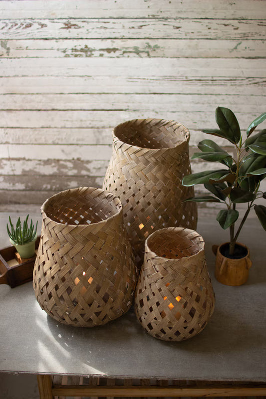 bamboo wicker lanterns - set of 3 - rustic home decor