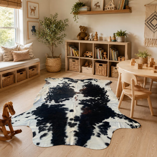 A cowhide area rug with black and white natural markings is displayed on a light wood floor in a styled children's room with a wooden bench, toys, plants, and a small table.