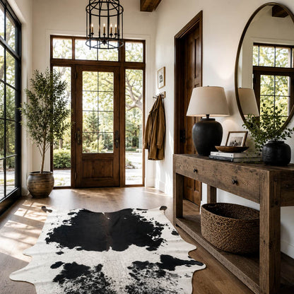 A black and white cowhide rug displayed in a bright, modern entryway with wooden floors, a rustic wood console table, and large glass doors in the background.