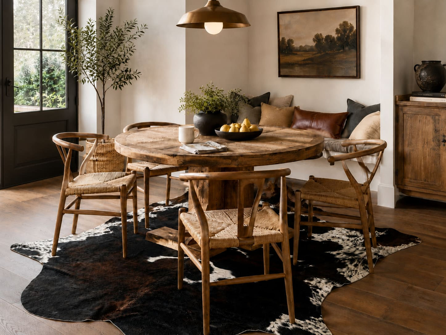 black and white cowhide under breakfast room table