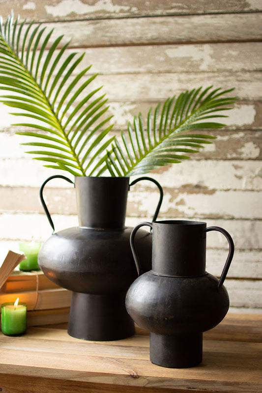 Waxed Black Metal Urns With Handles - Set of 2